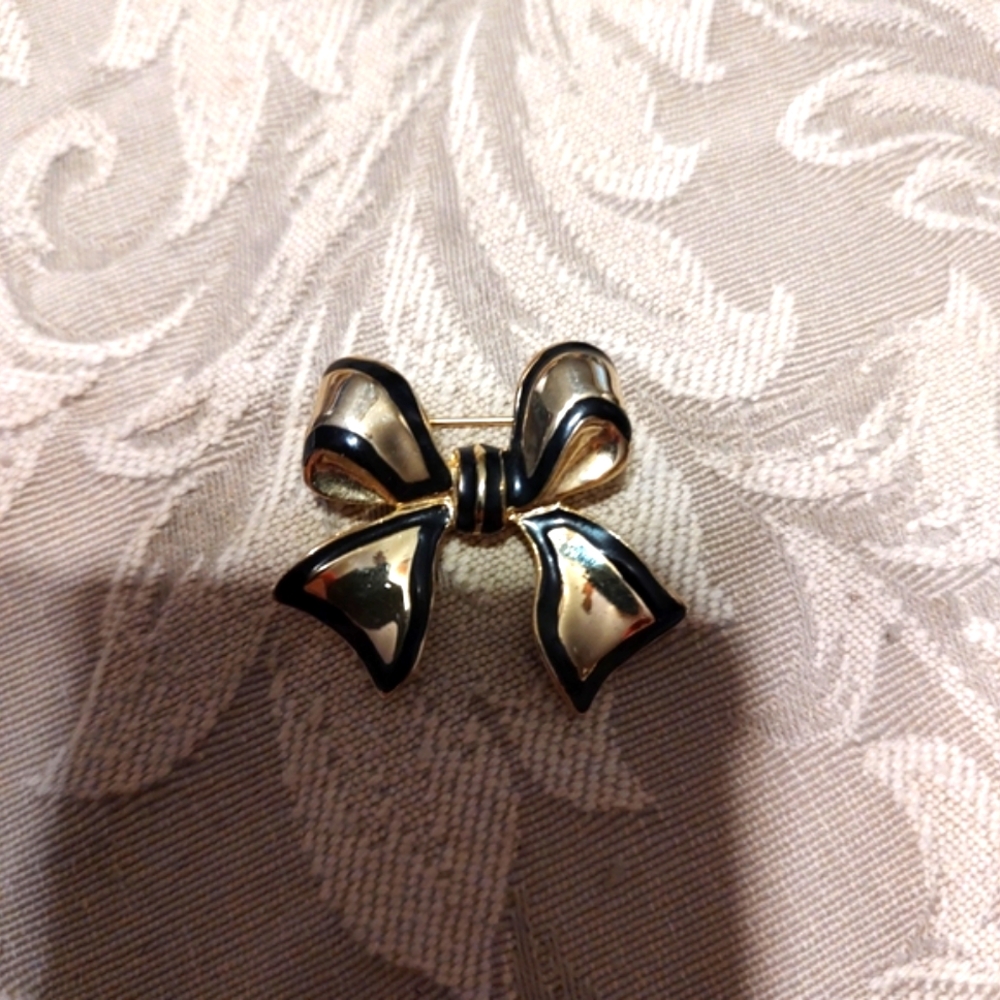🔸🖤🔸Adorable Vintage 80's Black & Gold Ribbon Bow Brooch - Picture 2 of 13